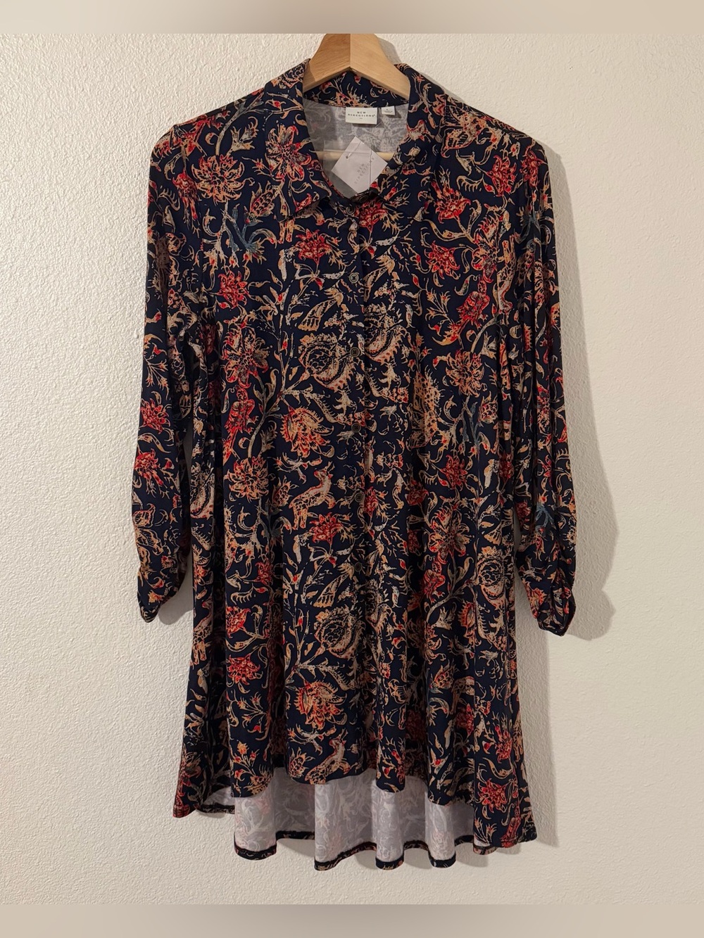 New Directions Ladies Peasant Navy Floral Button Tunic Top Size Large NWT